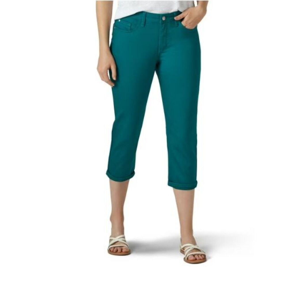 Lee Pants Mid-Rise Capri Teal Cotton Stretch 5 Pockets Size 8
